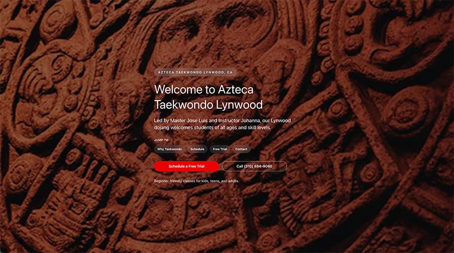 Desktop browser preview of the Azteca TKD website showing navigation, hero section, and homepage layout
