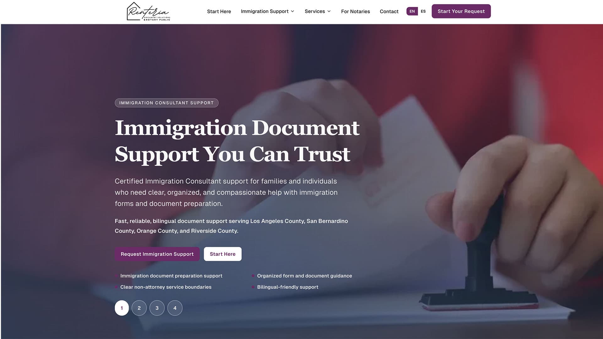 Renteria Document Solutions homepage showing immigration document support and bilingual request actions