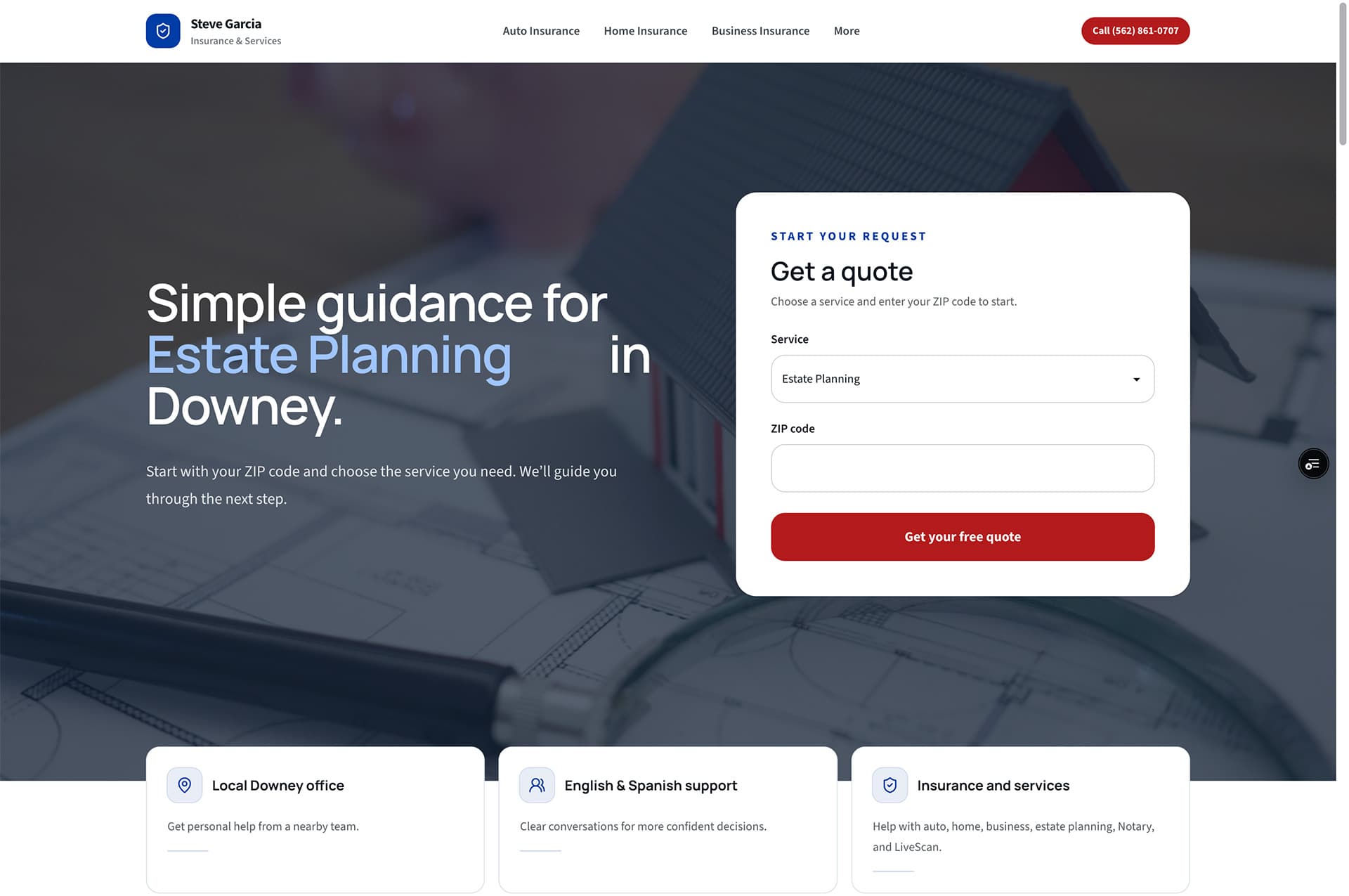 Case study visual for Downey Insurance and Services showing insurance quote paths connected to CRM intake