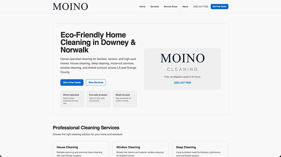 Desktop browser preview of the Moino Cleaning homepage showing navigation, hero section, and primary service layout